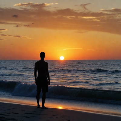 Silhouette man watching sunset beach