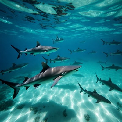 School of Blacktip Sharks Underwater