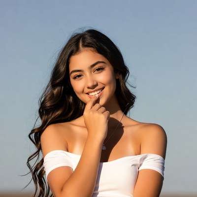 Smiling Latina woman touching chin outdoors