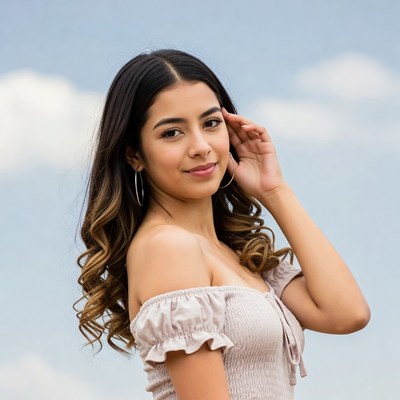 Latina woman touching hair outdoors