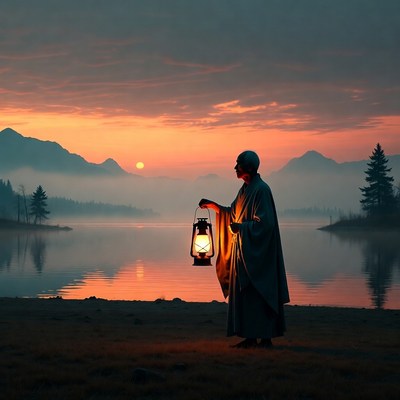 Monk holding lantern by sunset lake