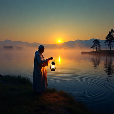 Monk holding lantern by lake sunset