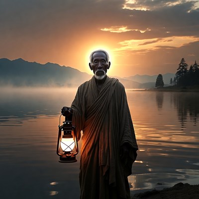 Elderly Asian man holding lantern at sunset