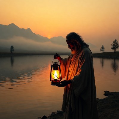 Elderly man holding lantern at sunset