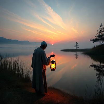 Man holding lantern at sunset lake