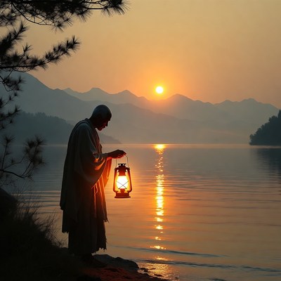Buddhist monk holding lantern at sunset