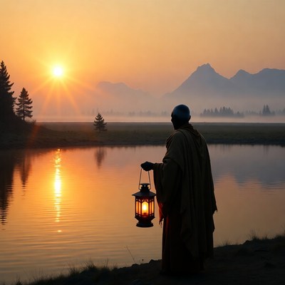 Buddhist monk holding lantern at sunset