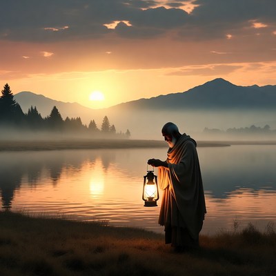 Elderly man holding lantern at sunset