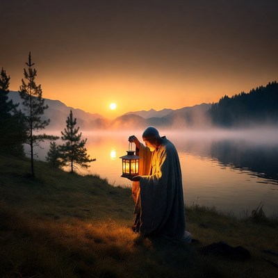 Monk holding lantern by misty lake