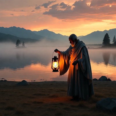 Elderly man holding lantern at sunset lake