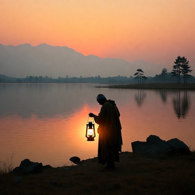 Monk holding lantern at sunset lake