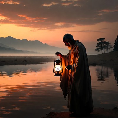 Elderly man holding lantern by sunset lake