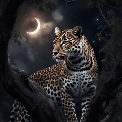 Leopard in moonlit forest