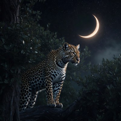 Leopard on rock under moonlit night