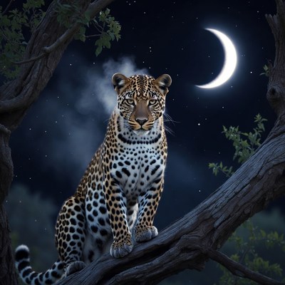Leopard sitting on tree branch at night