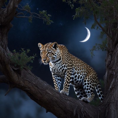 Leopard on tree branch at night