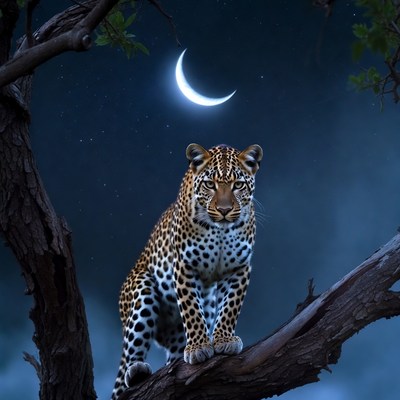 Leopard sitting on tree branch at night
