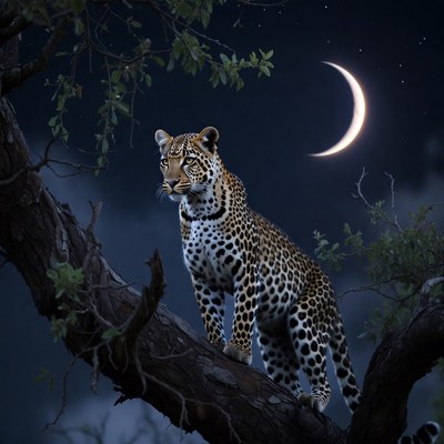 Leopard on tree branch under moon