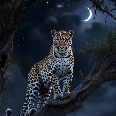Leopard on tree branch at night