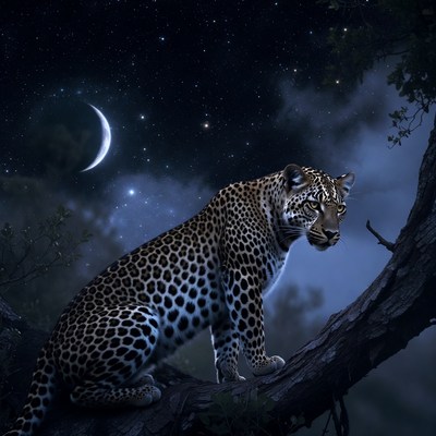 Leopard sitting on tree branch at night
