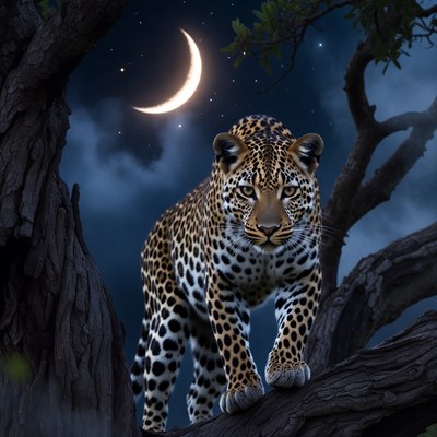 Leopard on tree branch at night