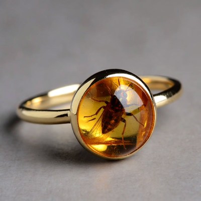 Gold ring with amber insect