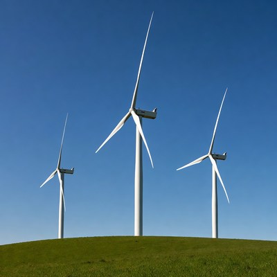Three Wind Turbines on Green Hill