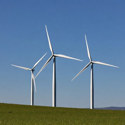 Three wind turbines on grassy hill