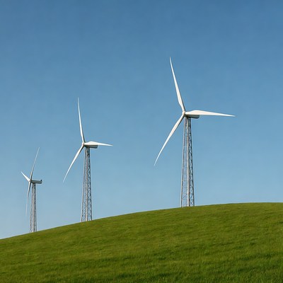 Three Wind Turbines on Green Hill