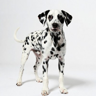Dalmatian puppy standing on white background