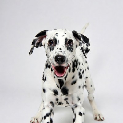 Dalmatian puppy playing on white background
