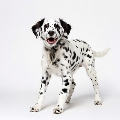 Dalmatian puppy smiling on white background