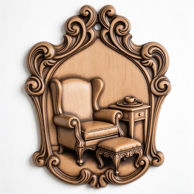 Carved Wooden Armchair with Ottoman