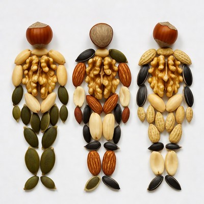 Three Nut Figures on White Background