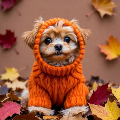 Yorkie puppy in orange sweater with fall leaves