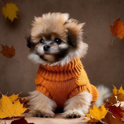 Pomeranian puppy in orange sweater with fall leaves