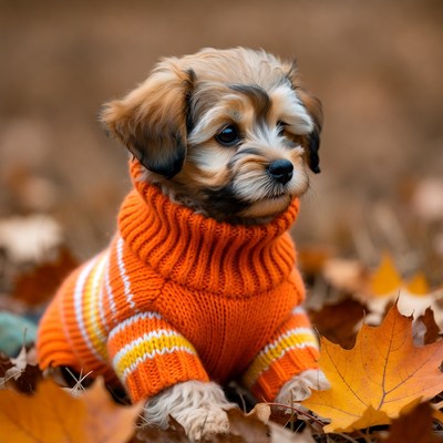 Puppy in orange sweater on autumn leaves