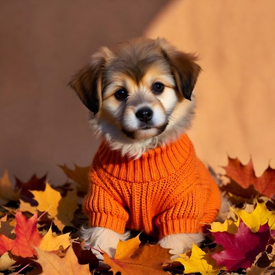 Puppy in orange sweater on autumn leaves