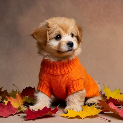 Puppy in orange sweater with fall leaves
