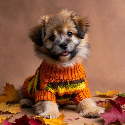 Puppy in orange sweater with autumn leaves