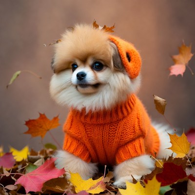 Pomeranian in orange sweater with autumn leaves