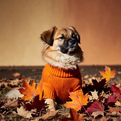 Dog in orange sweater with fall leaves