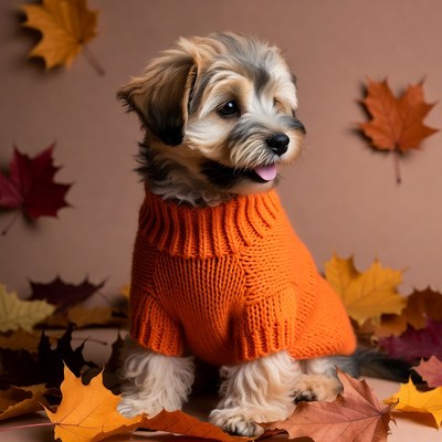 Puppy in orange sweater with autumn leaves