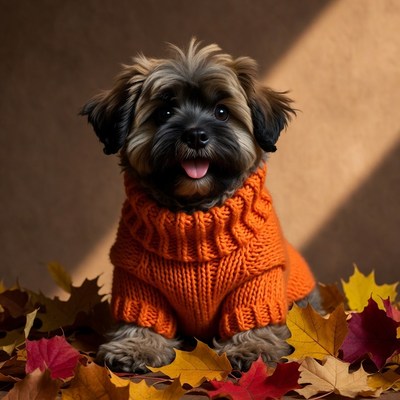 Shih Tzu puppy in orange sweater on leaves