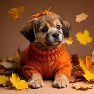 Puppy in orange sweater with autumn leaves
