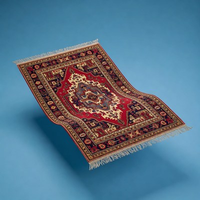 Red Oriental Rug on Blue Background