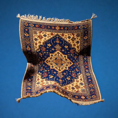Flying Oriental Rug on Blue Background
