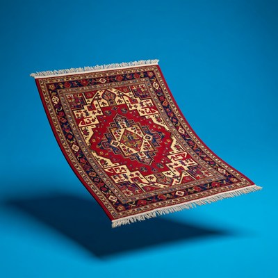 Red Oriental Rug Floating on Blue