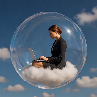 Businesswoman working on laptop in bubble