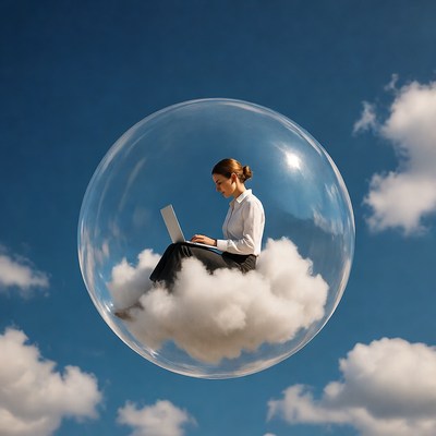 Woman working on laptop in bubble on clouds